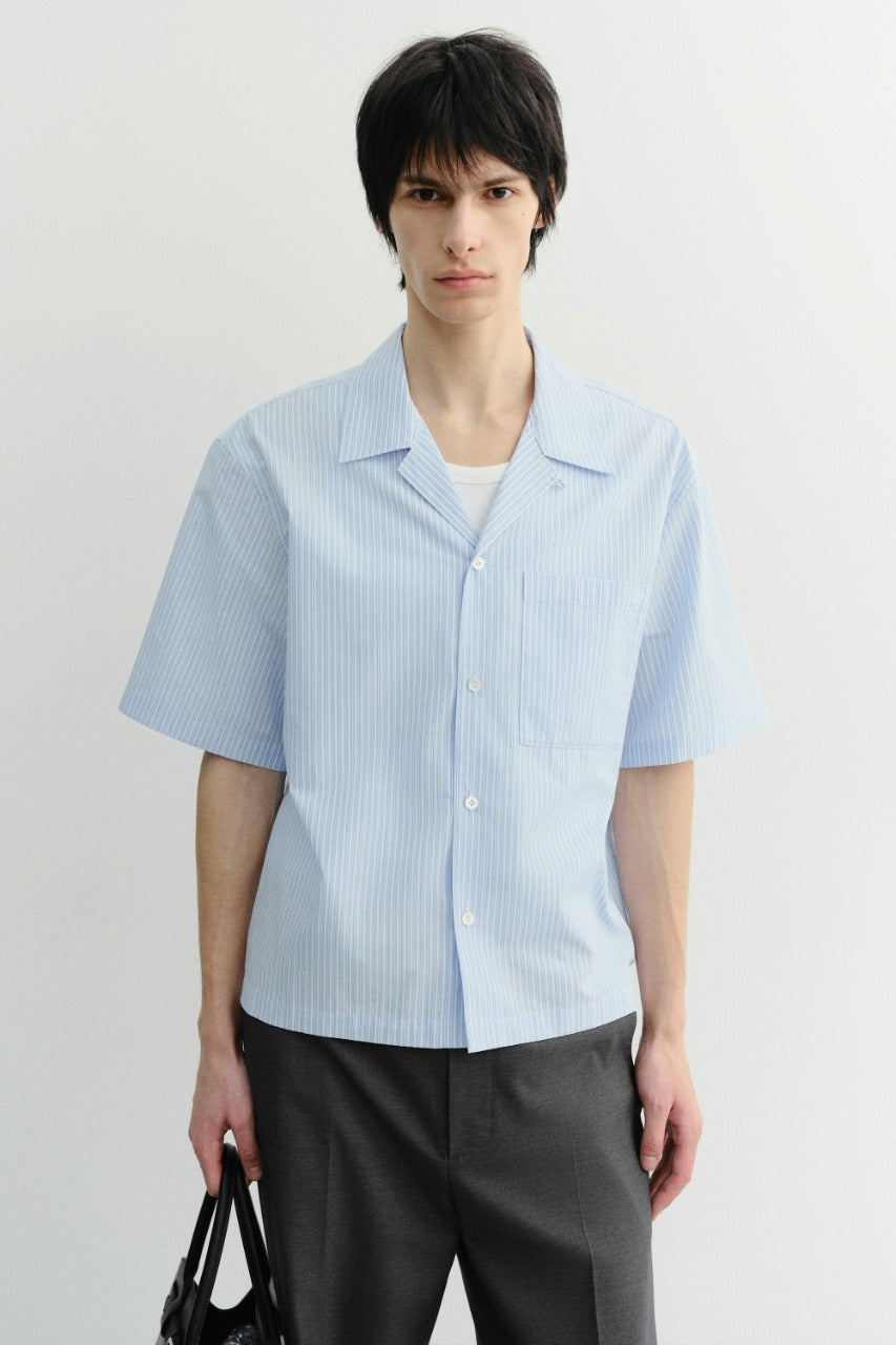 Dunst Cropped Open Collared Striped Shirt Soft Blue Stripe