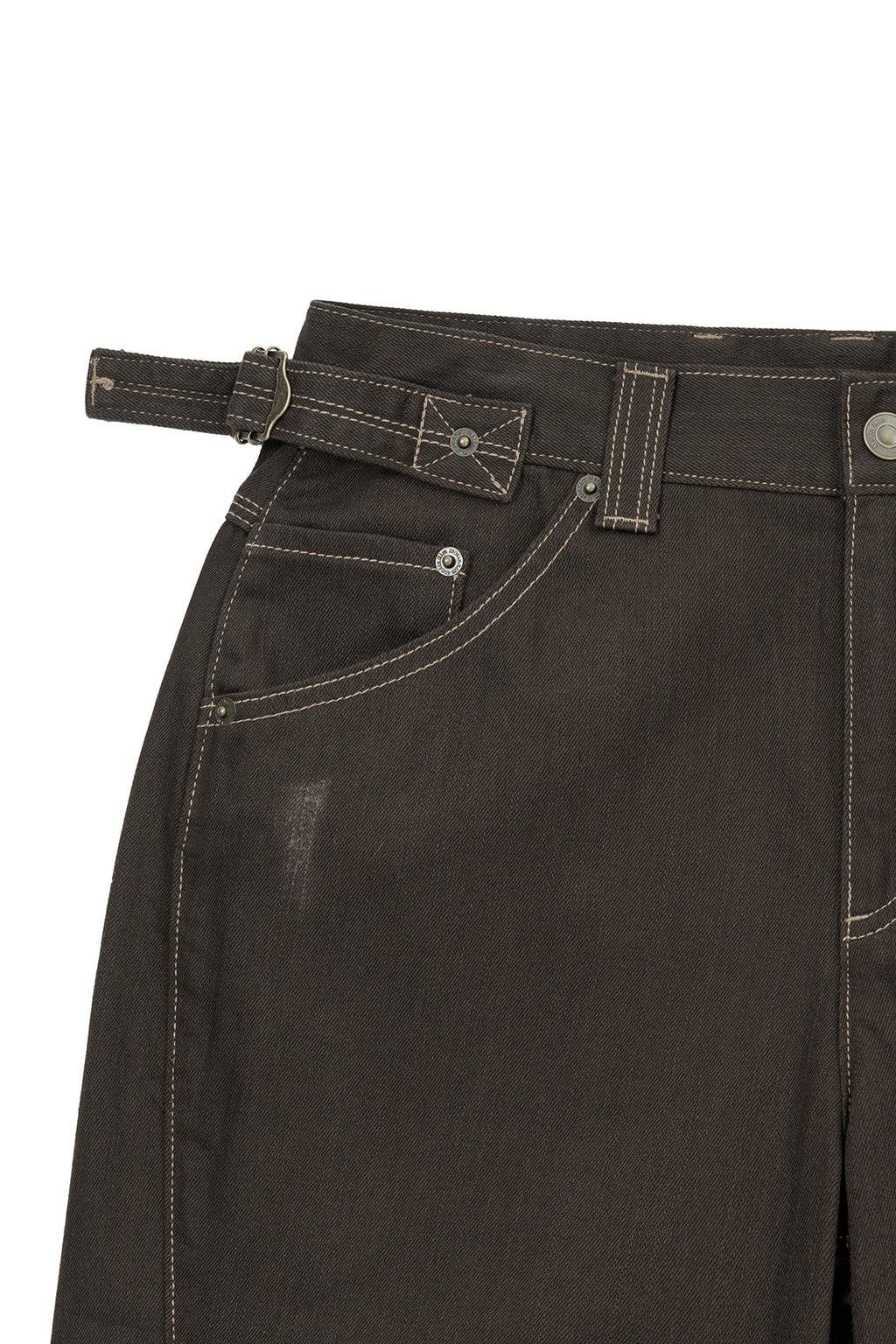 Matinkim Waist Buckle Stitch Point Twill Denim Pants IN Brown