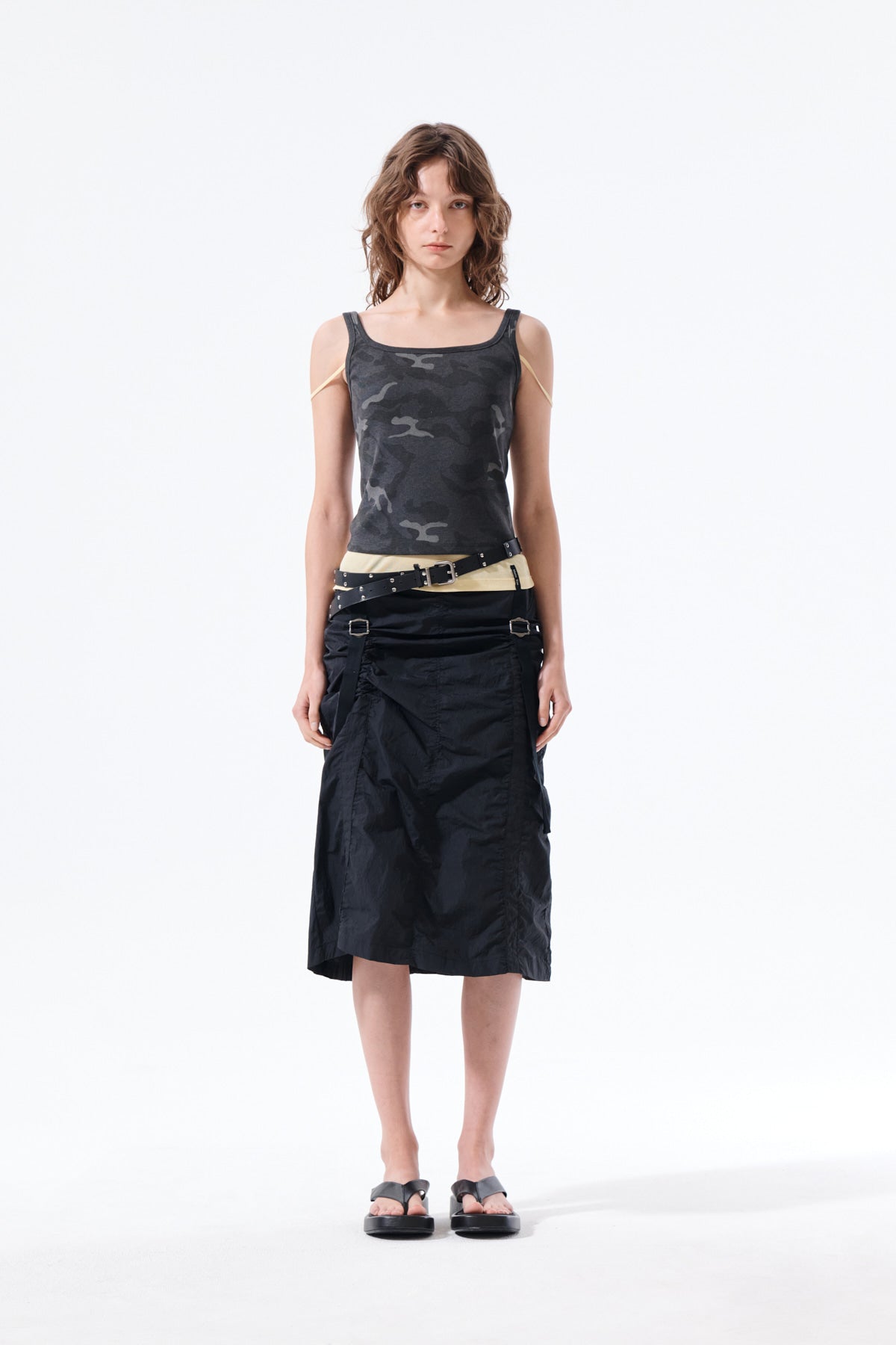 [matinkim] Nylon Shirring Midi Skirt IN Black