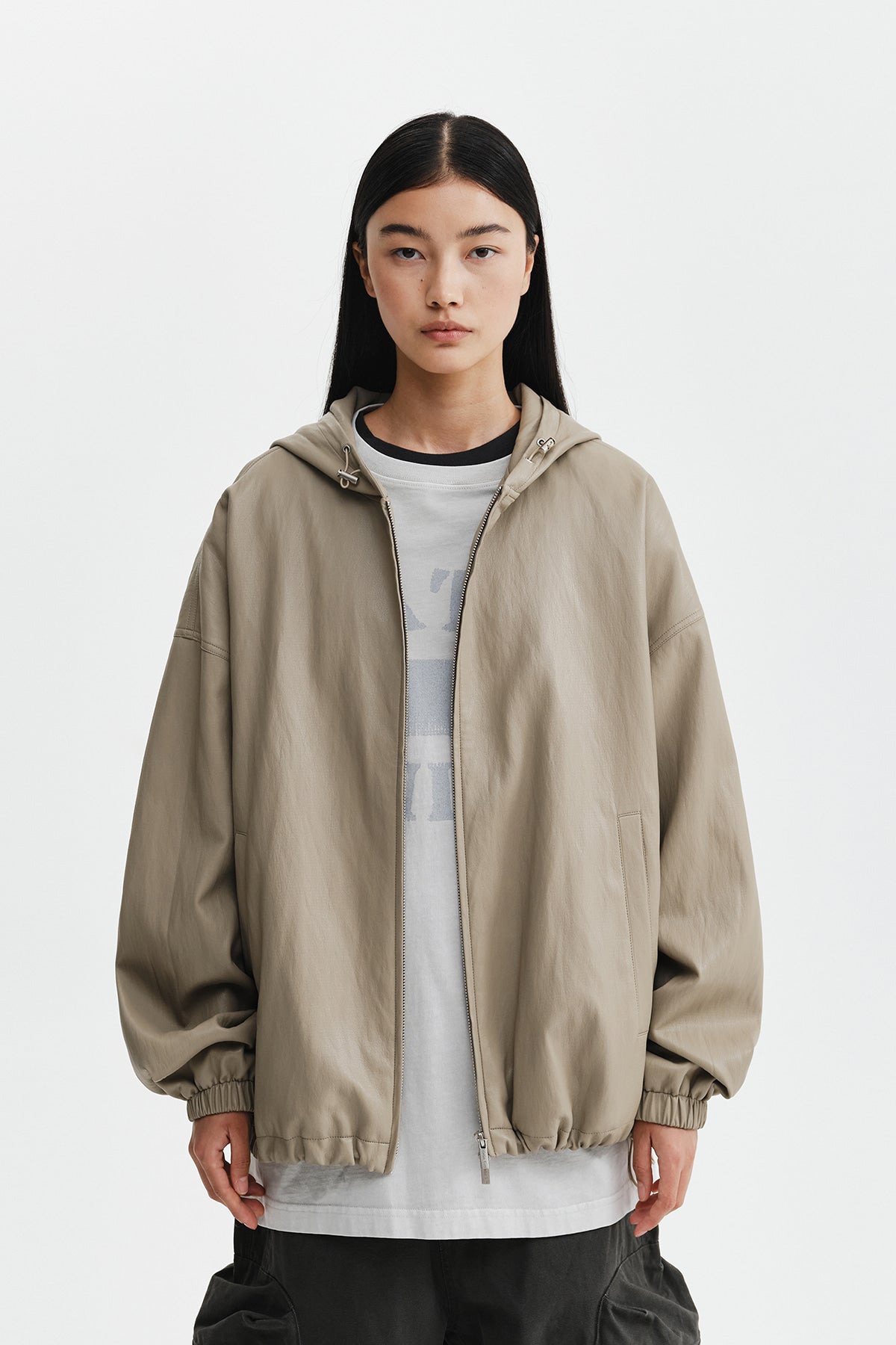 Matinkim Faux Leather Applique Logo Hoody Jumper IN Beige
