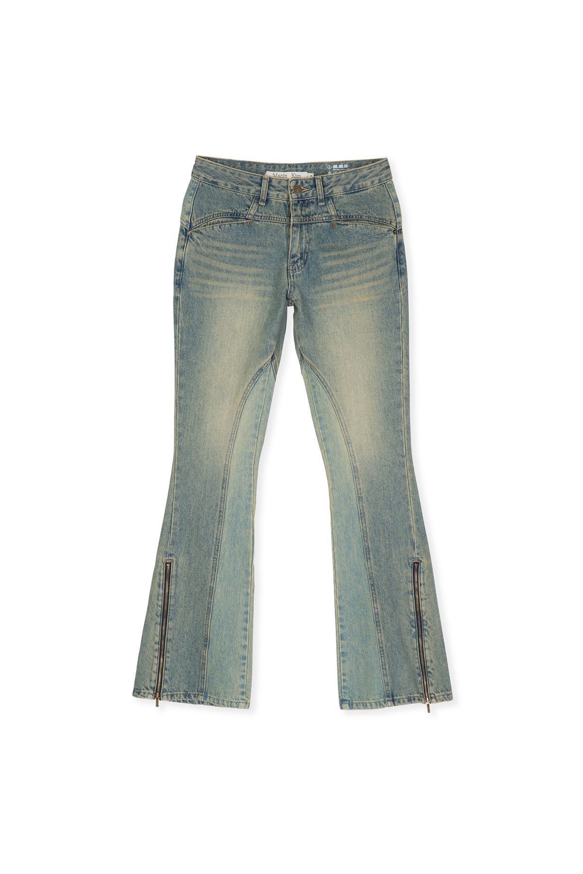 [matinkim] PEACHES ZIPPER DETAIL BOOTS CUT DENIM PANTS IN LIGHT BLUE