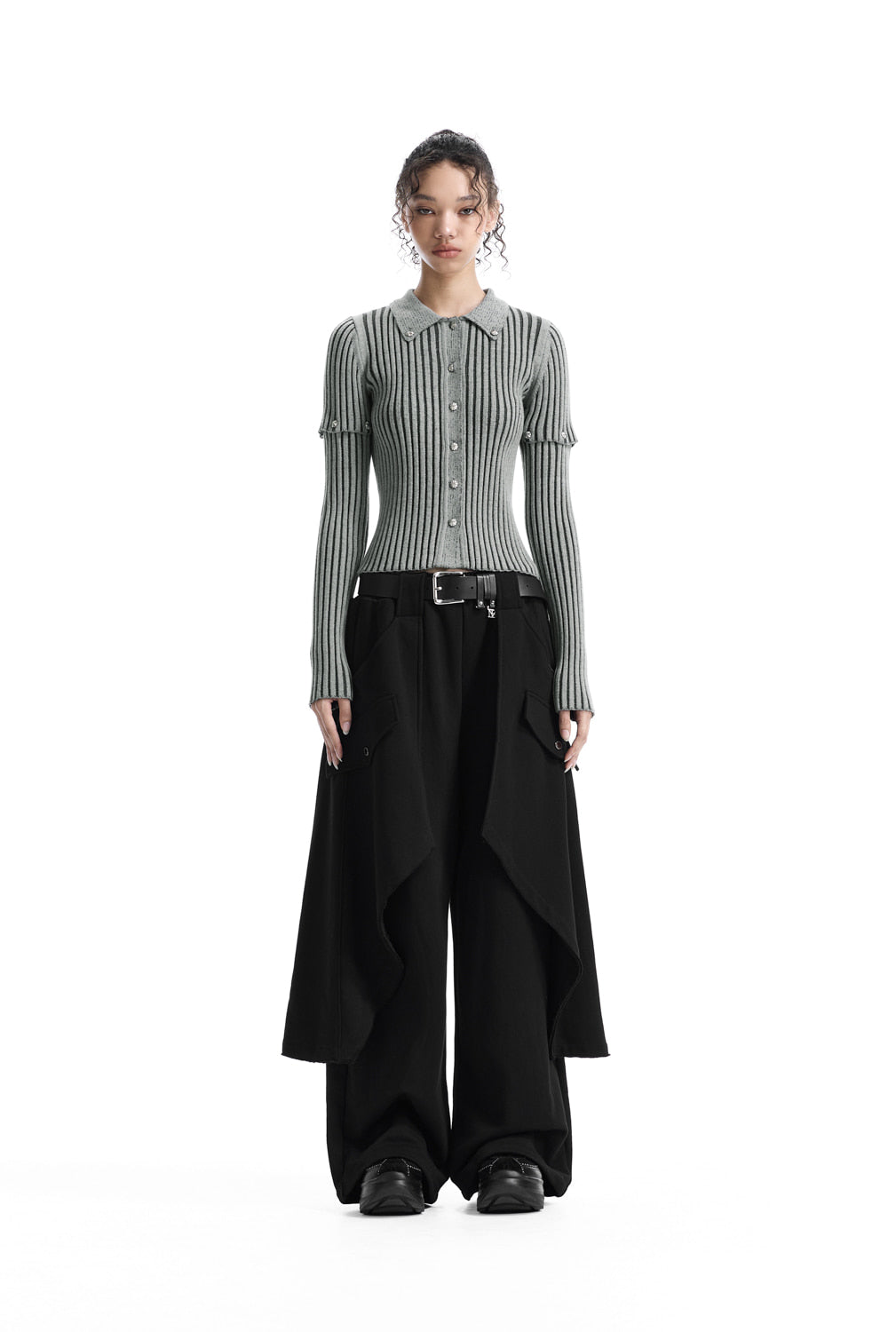 Treemingbird 2-way Sleeve Ribbed Cardigan Gray