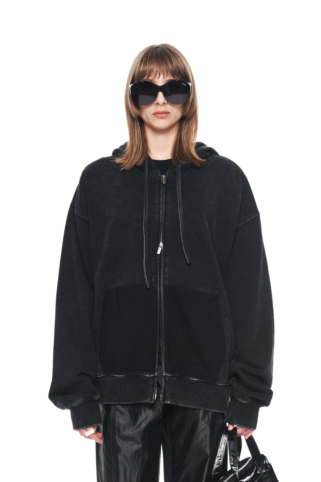Matinkim Pigment Dying Logo Hoody Zip UP IN Black