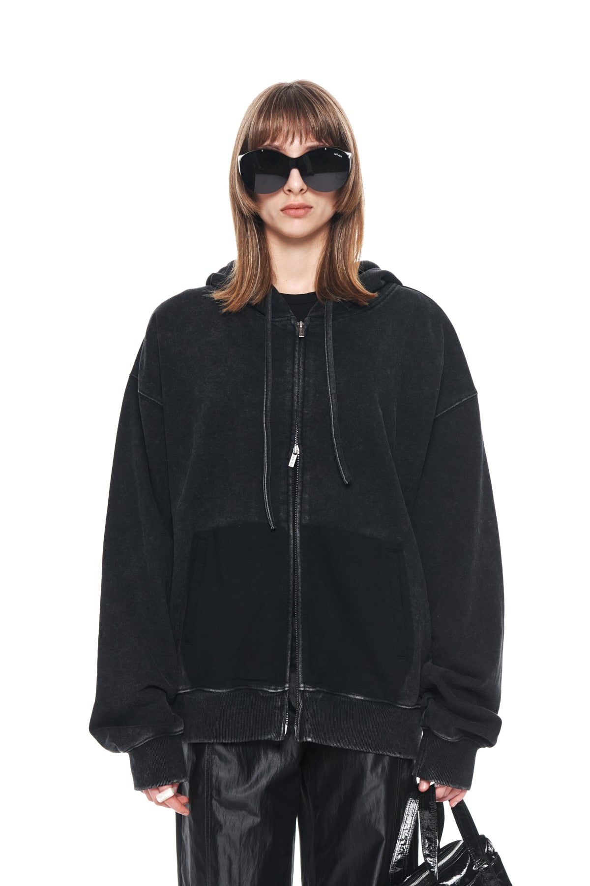 Matinkim Pigment Dying Logo Hoody Zip UP IN Black