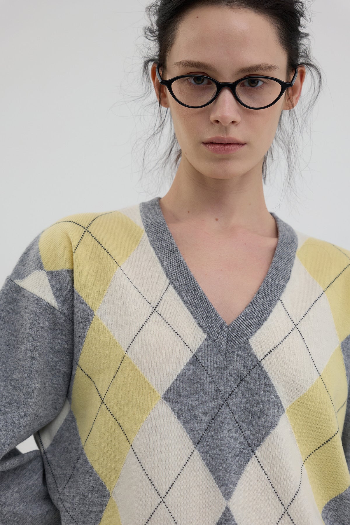 Overdueflair Classic Argyle V-Neck Knit Lemon/Grey