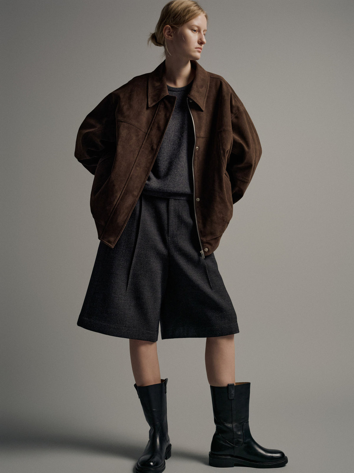 Facade Pattern Wide Wool Twill Bermuda Pants charcoal