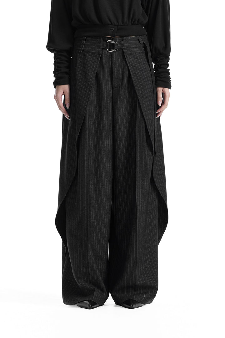 Treemingbird Buckle Layered Set-Up Wide Slacks Black