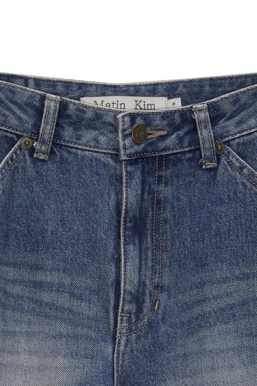 [matinkim] SEMI BOOTS CUT DAMAGE DENIM PANTS IN BLUE