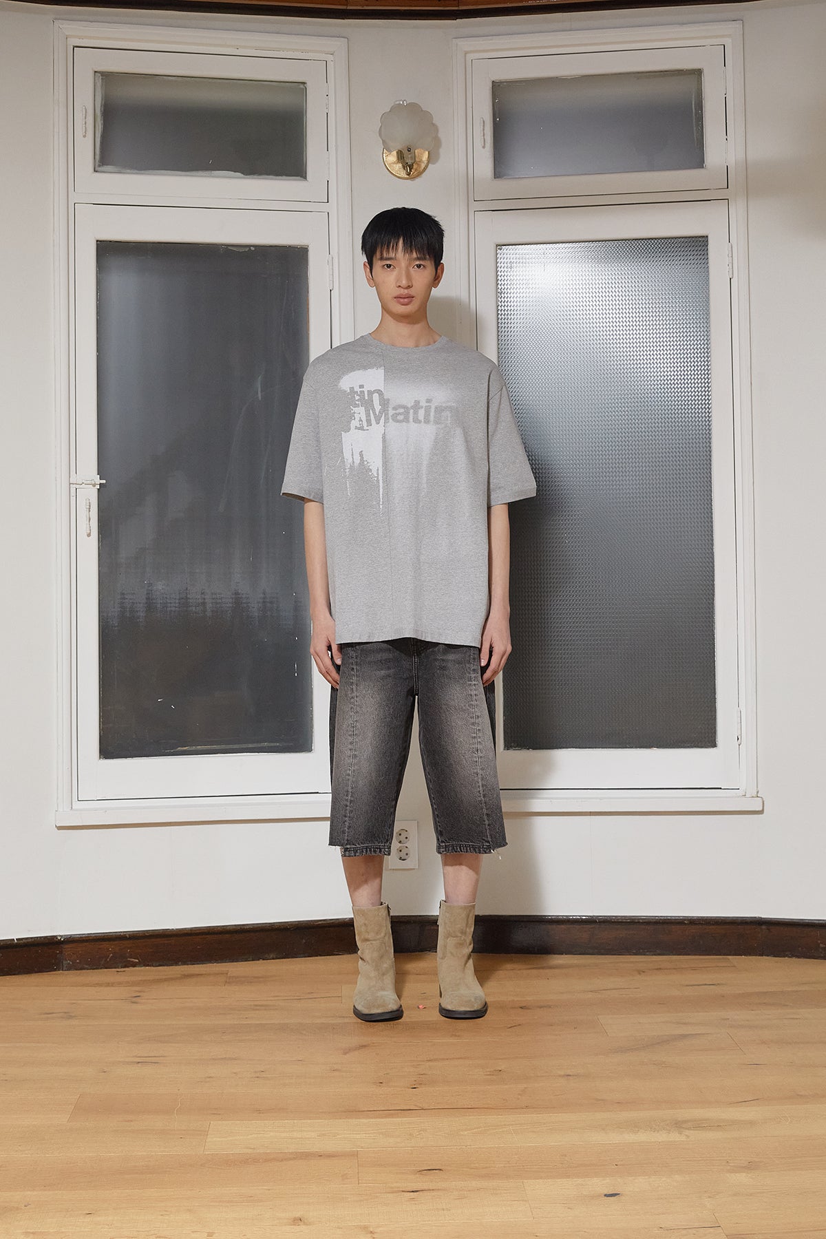 Matinkim Unbalance Printing Top For Men IN Grey