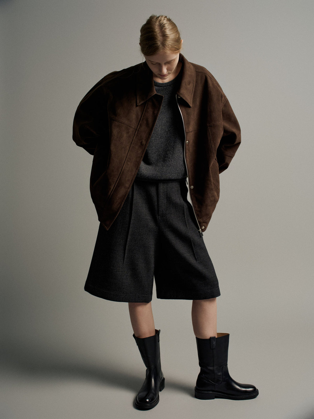 Facade Pattern Wide Wool Twill Bermuda Pants charcoal