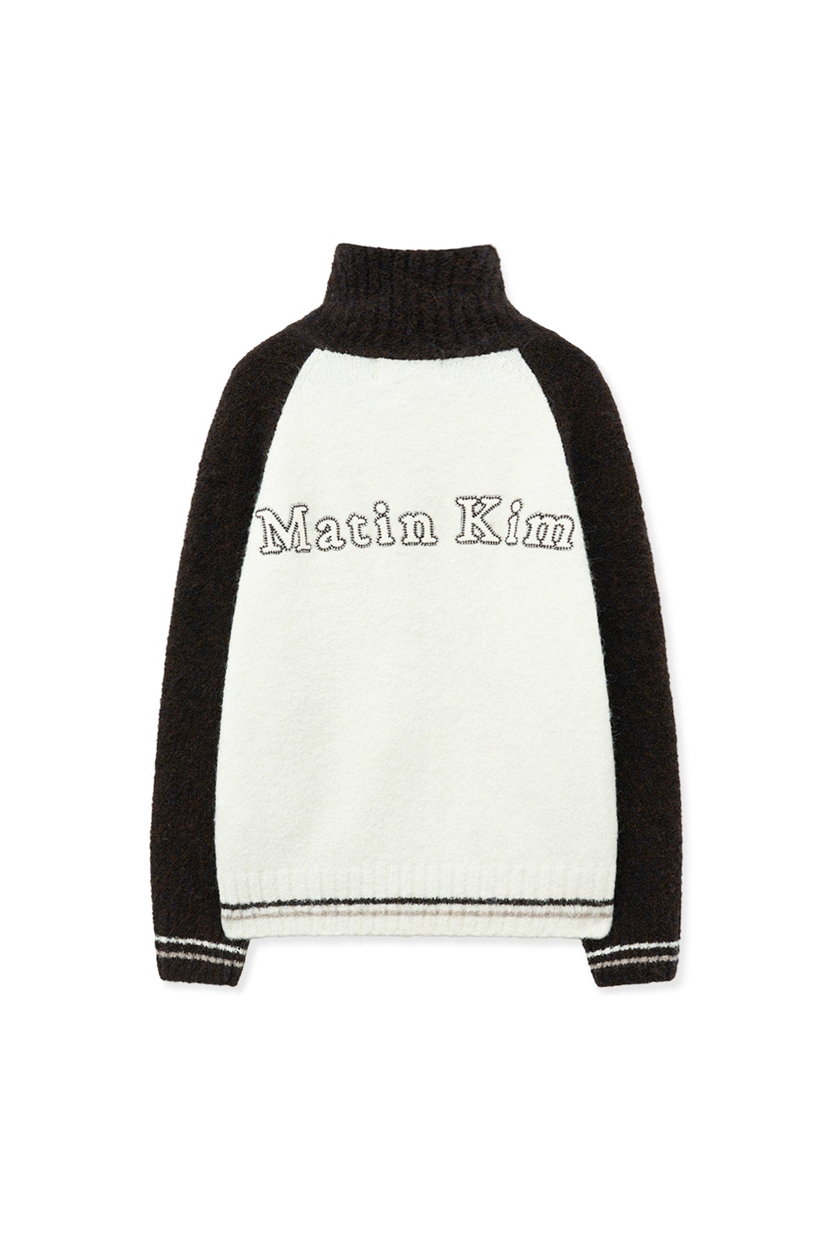 [matinkim] HIGH NECK RAGLAN KNIT ZIP UP FOR MEN IN DARK BROWN