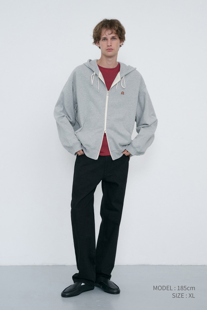 Dunst Unisex Leather Logo Zip-Up Hoodie Melange Grey