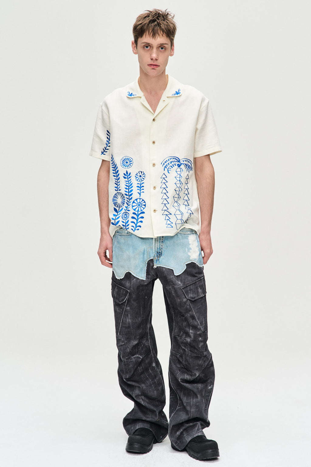 Andersson Bell Faux-Denim & Scratch Leather Printed Cargo-Pants