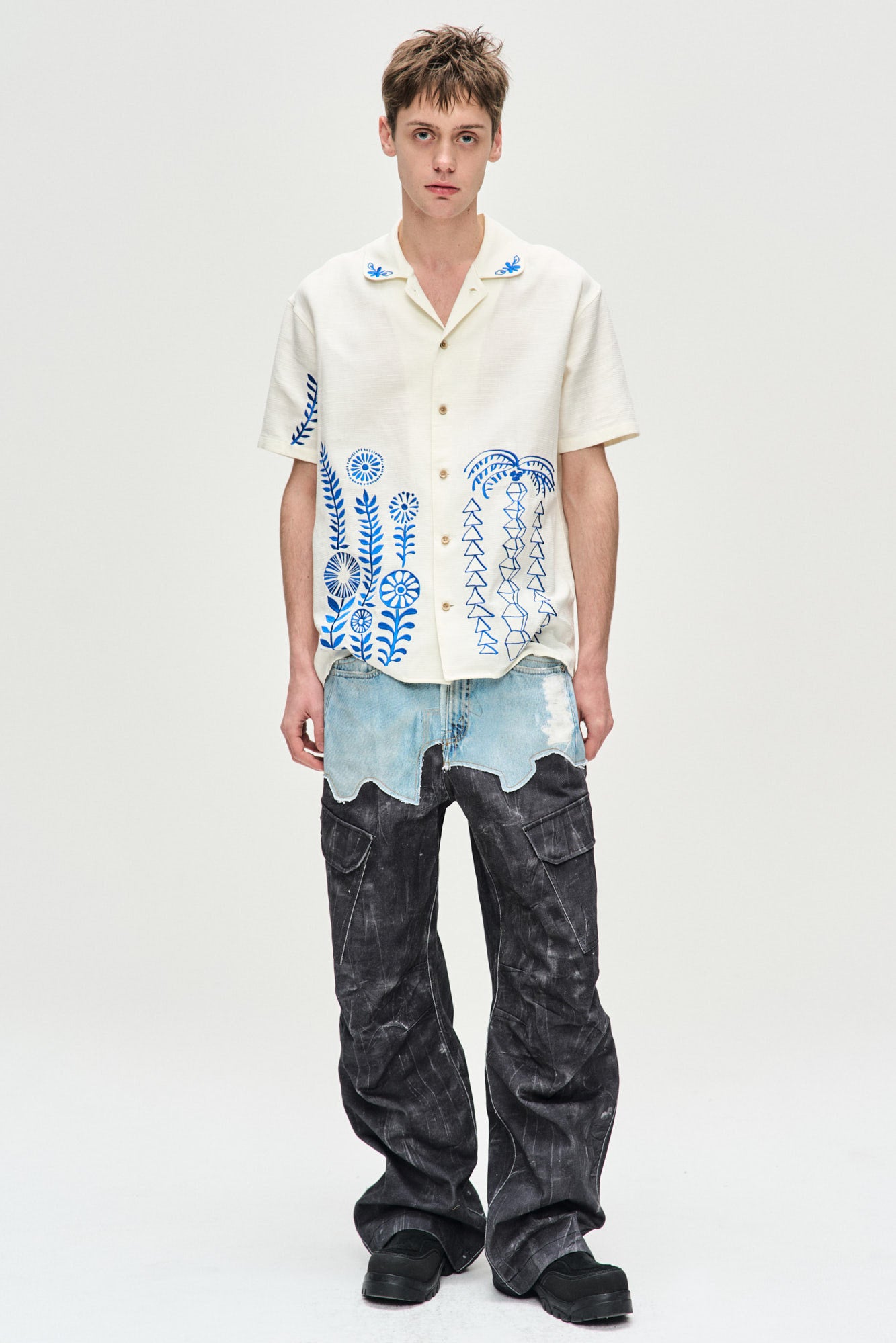 Andersson Bell Faux-Denim & Scratch Leather Printed Cargo-Pants