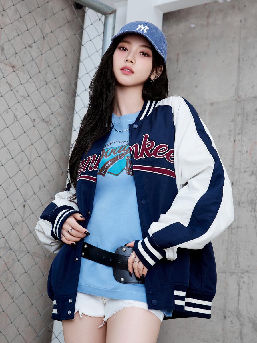 KarinaPICK Nylon Color-Blocked Cursive Varsity Jacket New York Yankees