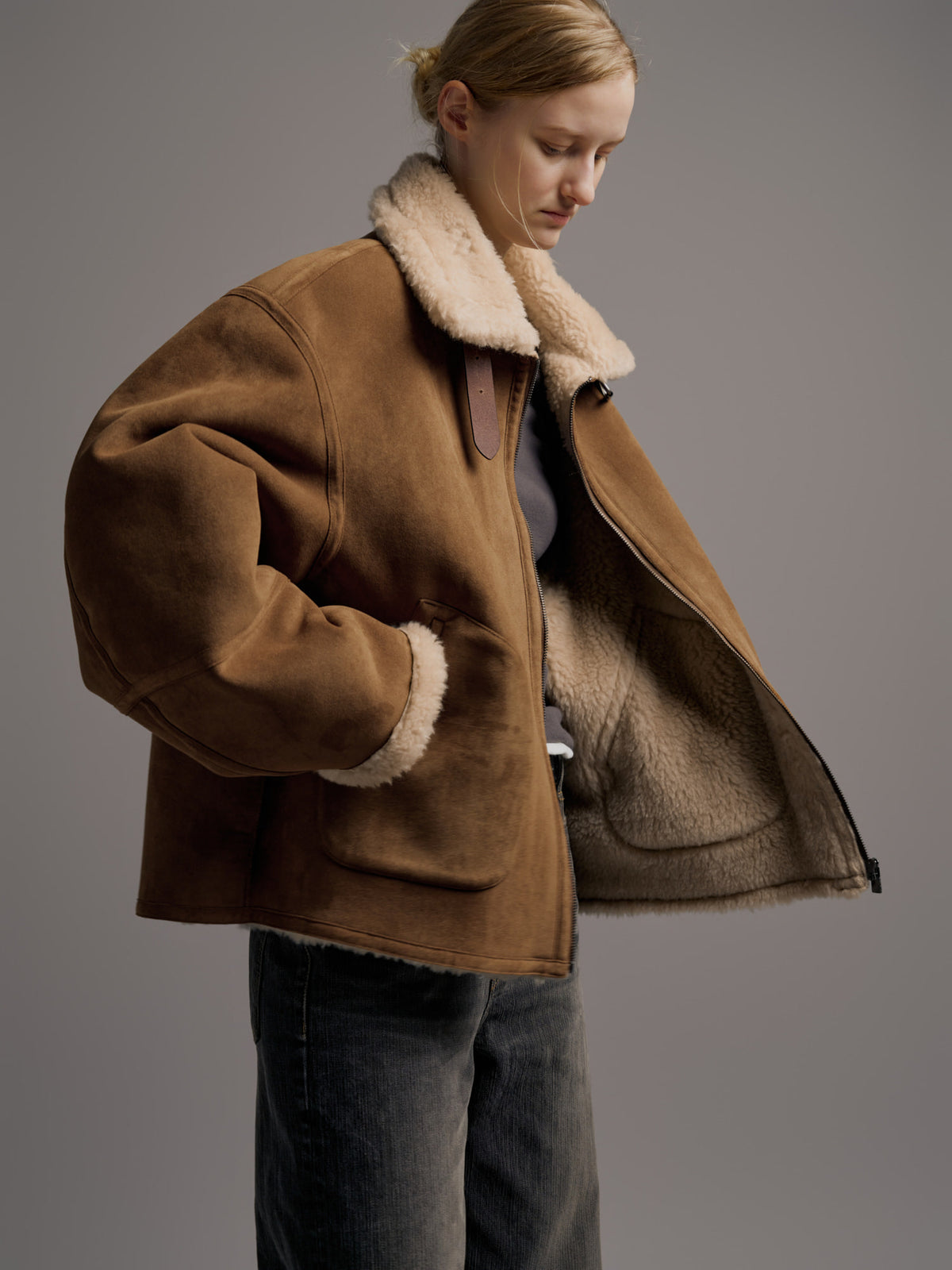Facade Pattern Lambswool Suede Mustang Jacket camel