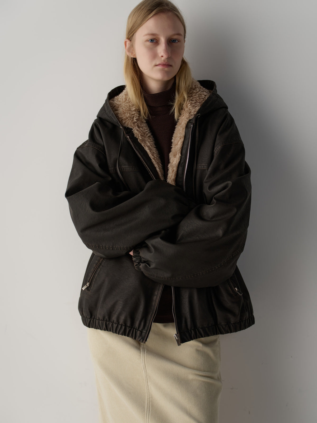 Facade Pattern Leather Fur Zip-Up Hoodie dark brown