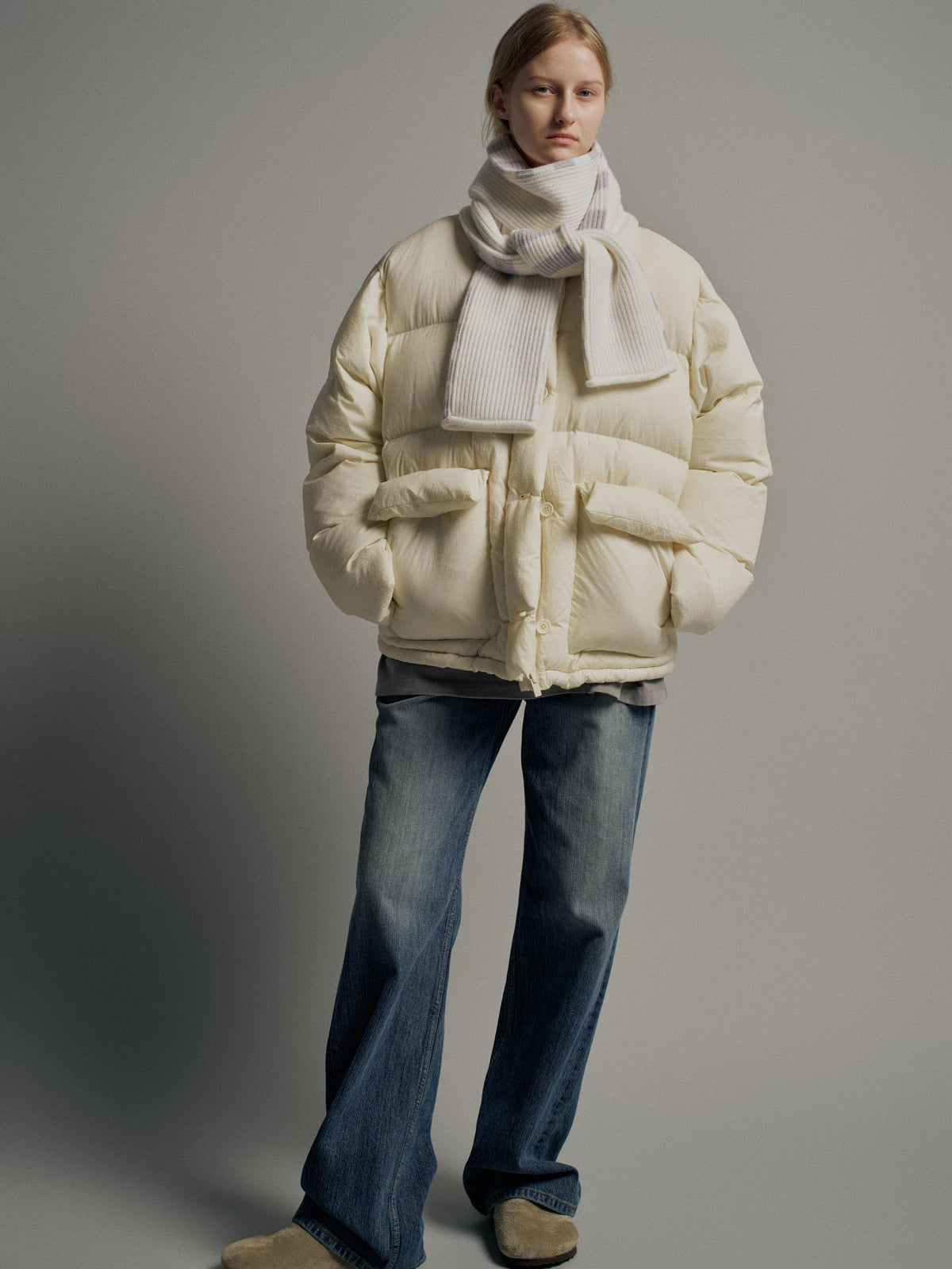 Facade Pattern Goose Down Button Puffer ivory