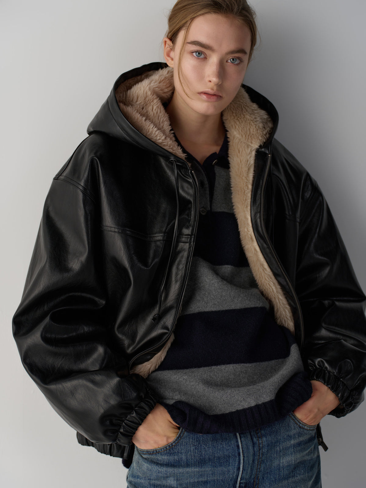 Facade Pattern Leather Fur Zip-Up Hoodie black