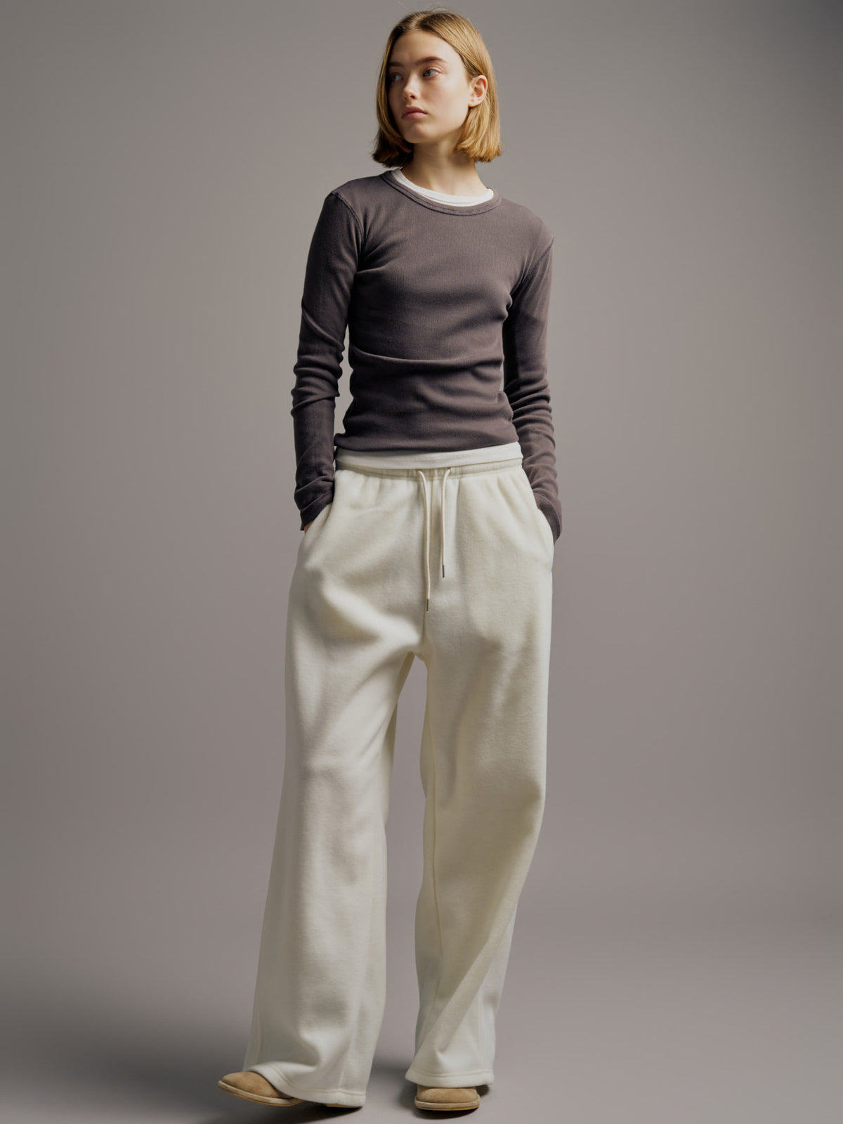 Facade Pattern Wool Fleece Banding Pants ivory