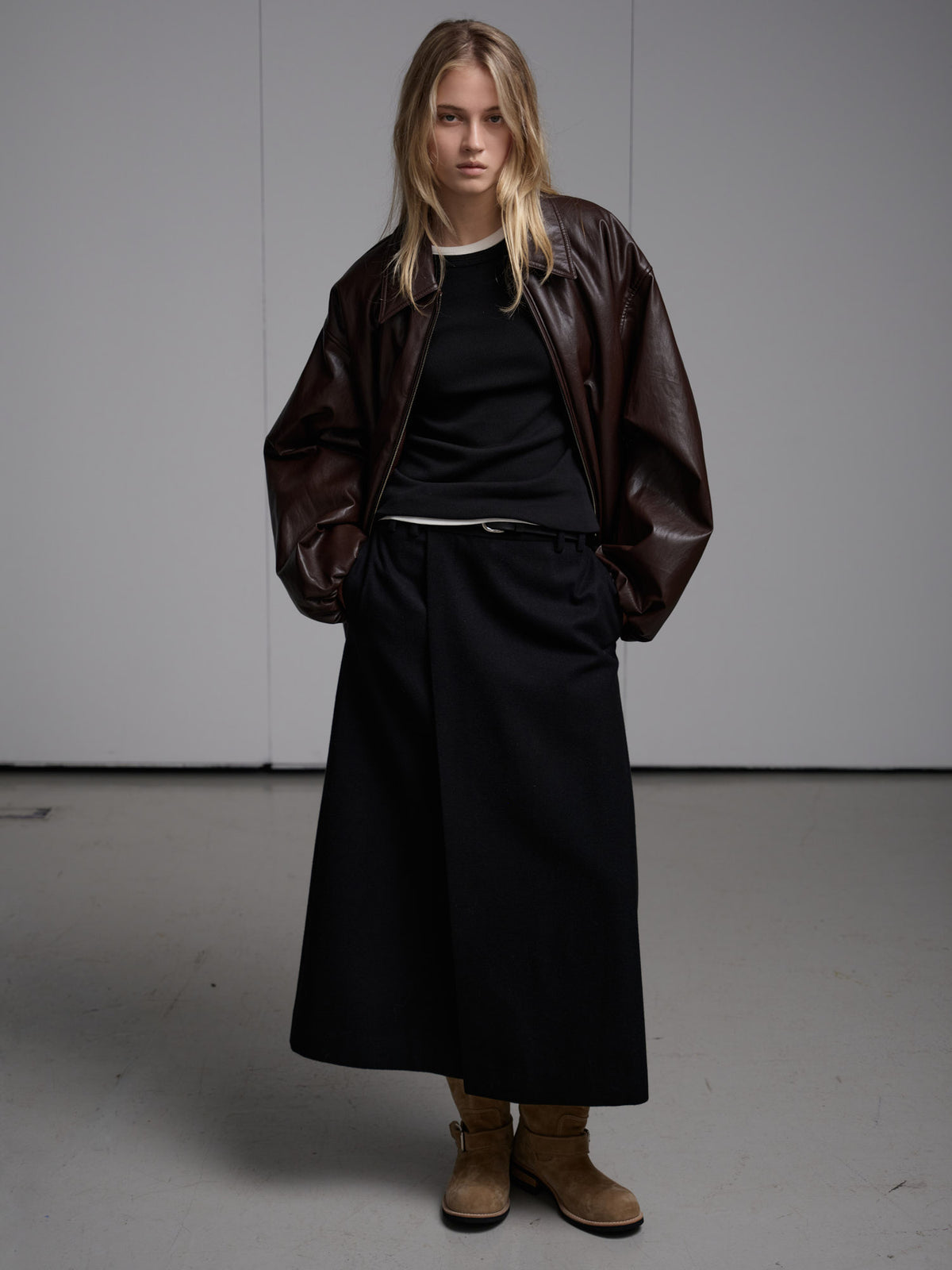 Facade Pattern Leather Bomber Jacket brown