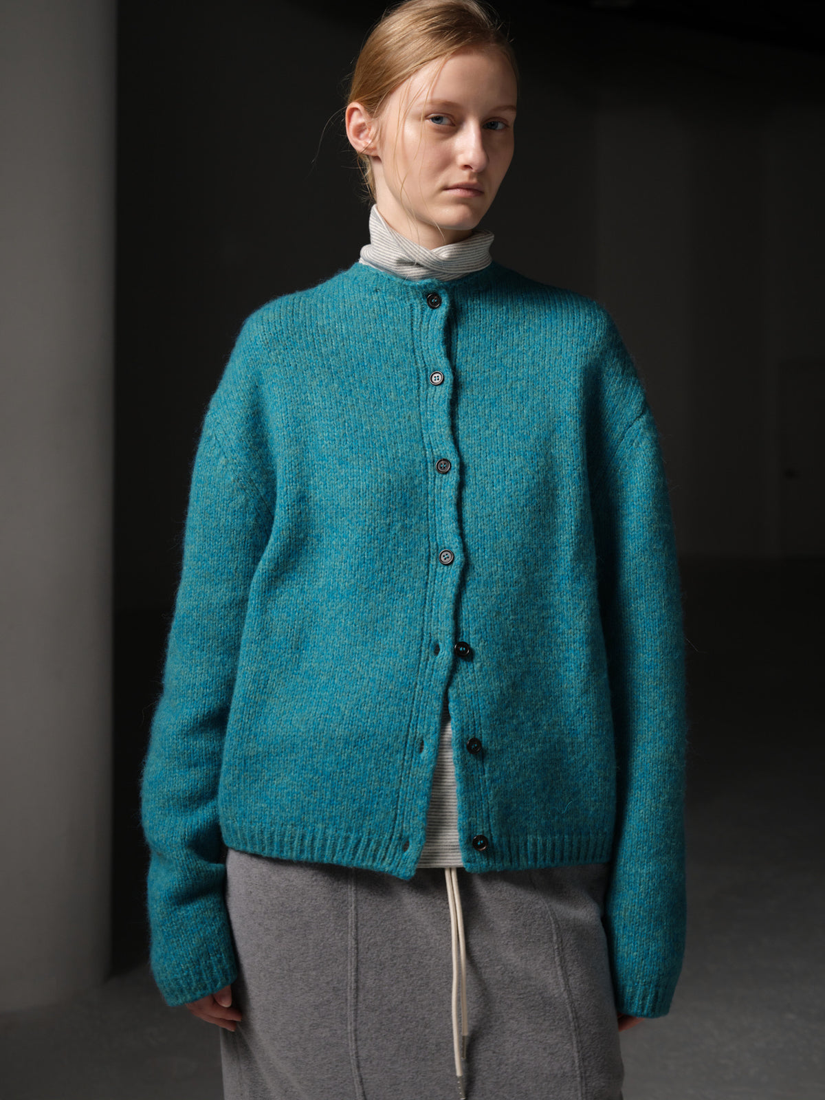 Facade Pattern Alpaca Mock Neck Cardigan lagoon blue