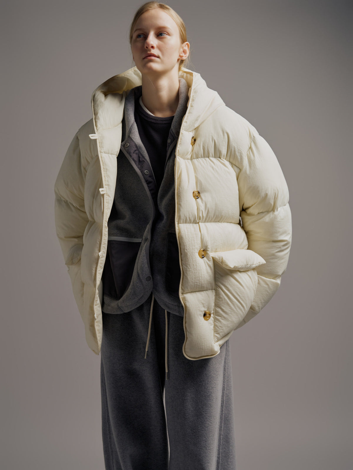 Facade Pattern Goose Down Hooded Puffer ivory