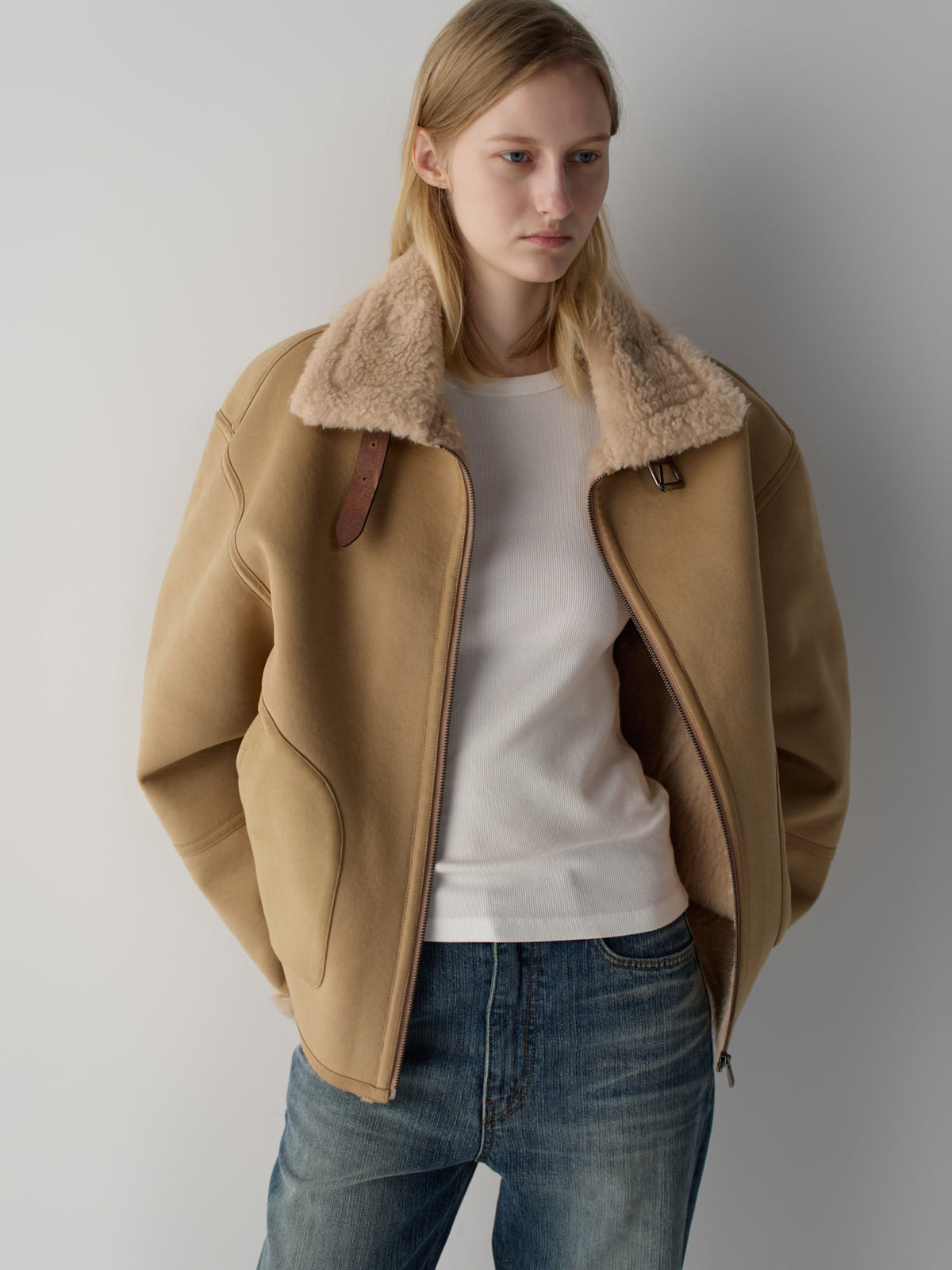 Facade Pattern Lambswool Suede Shearling Jacket beige