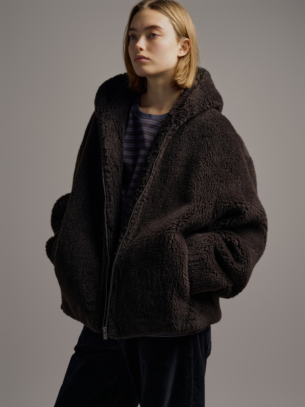 Facade Pattern Lambswool Hooded Jumper brown