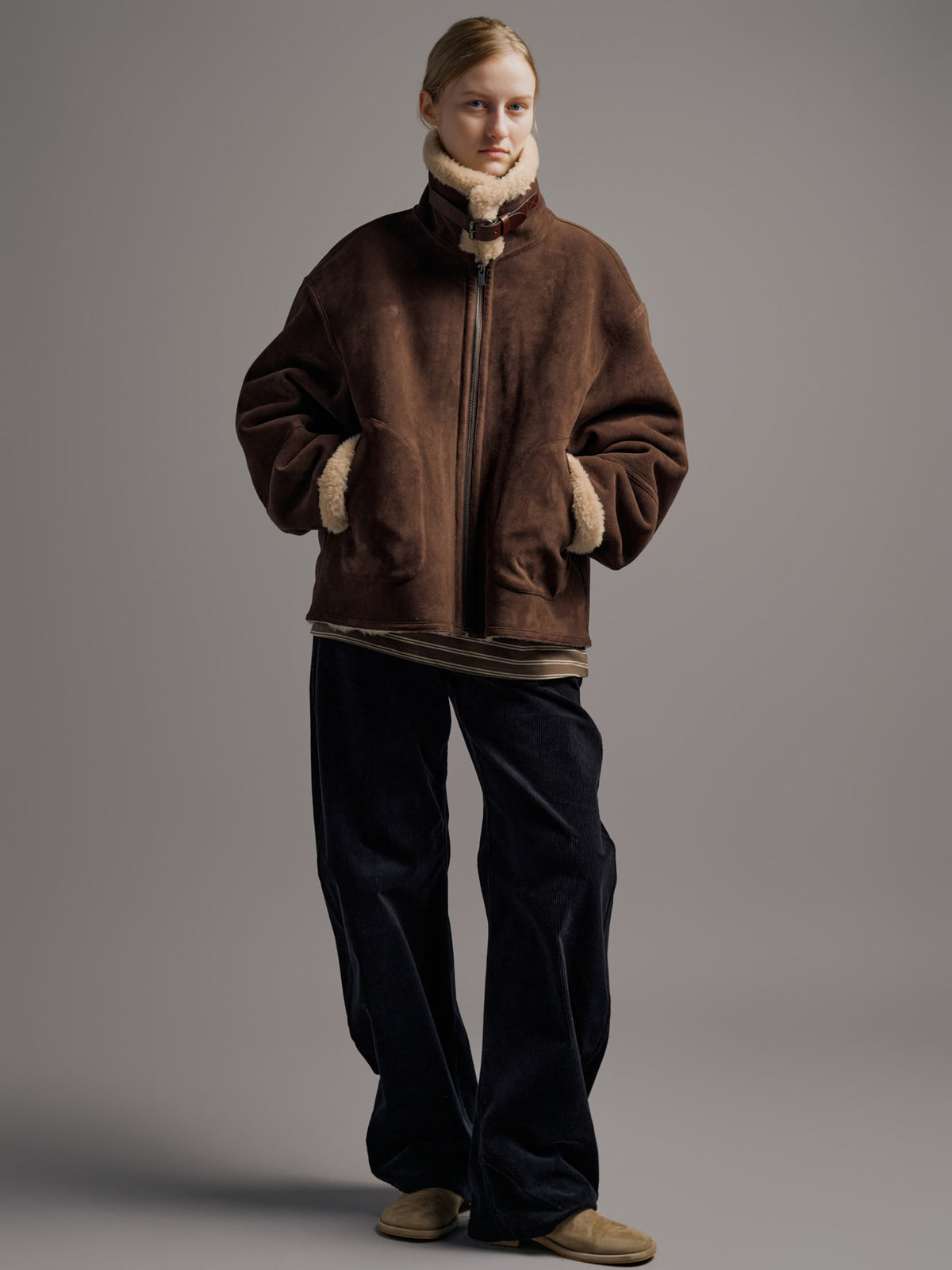 Facade Pattern Lambswool Suede Shearling Jacket brown