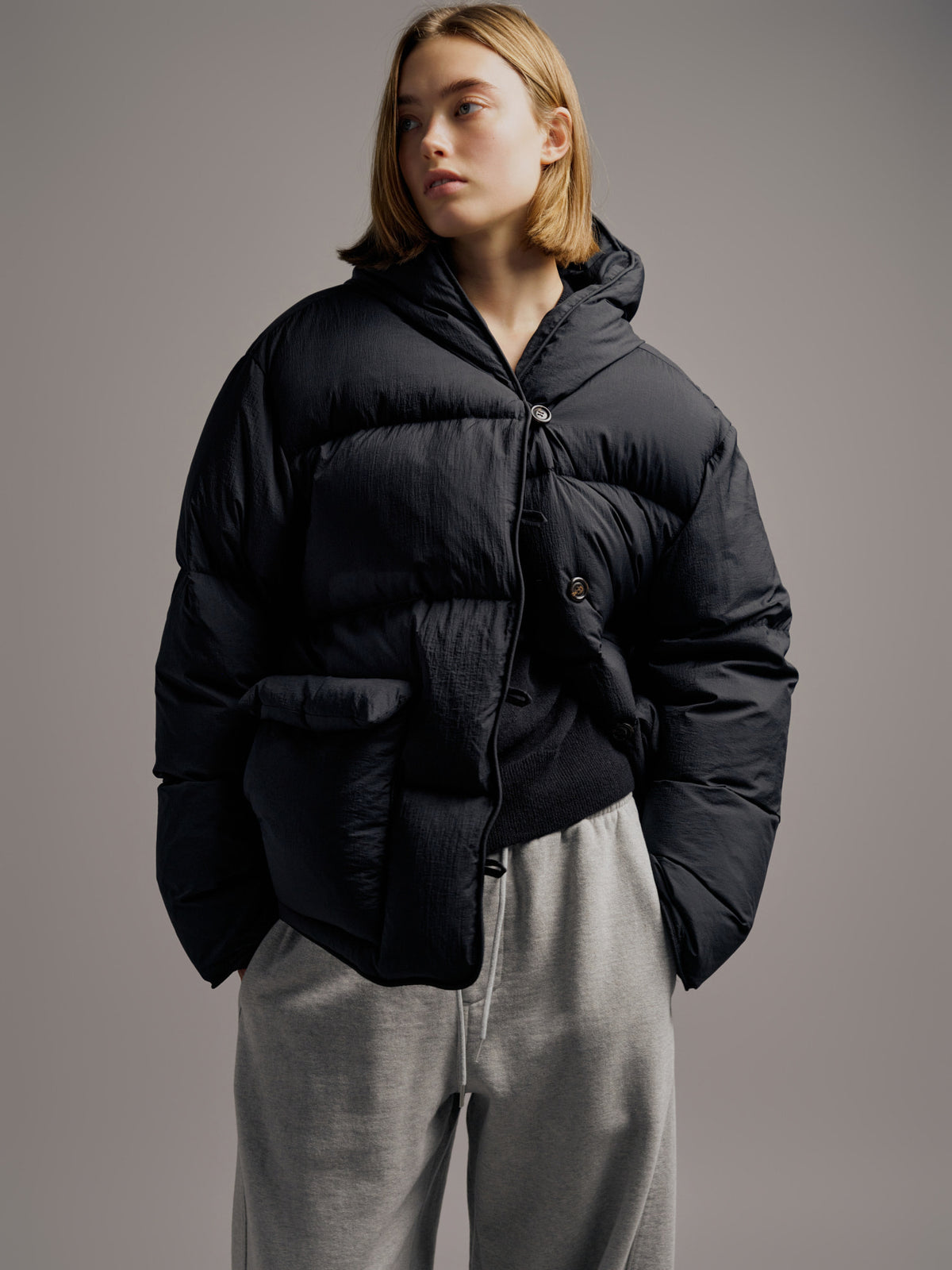 Facade Pattern Goose Down Hooded Puffer black