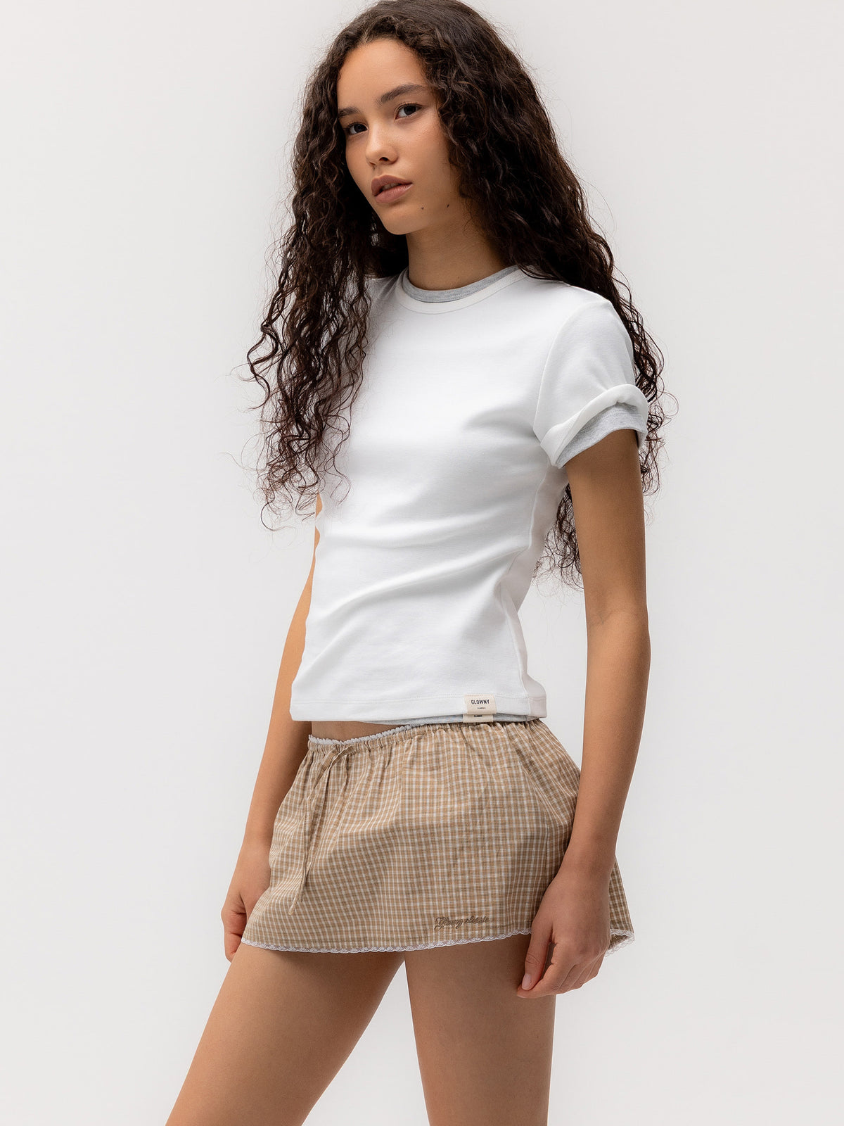 GLOWNY G Classic Lace-Up Mini Skirt (Beige)