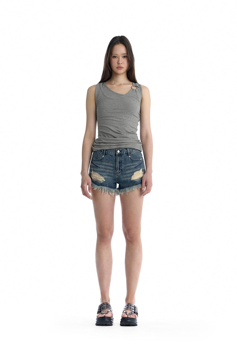 Treemingbird Double Layered Ring Sleeveless Top Melange Gray