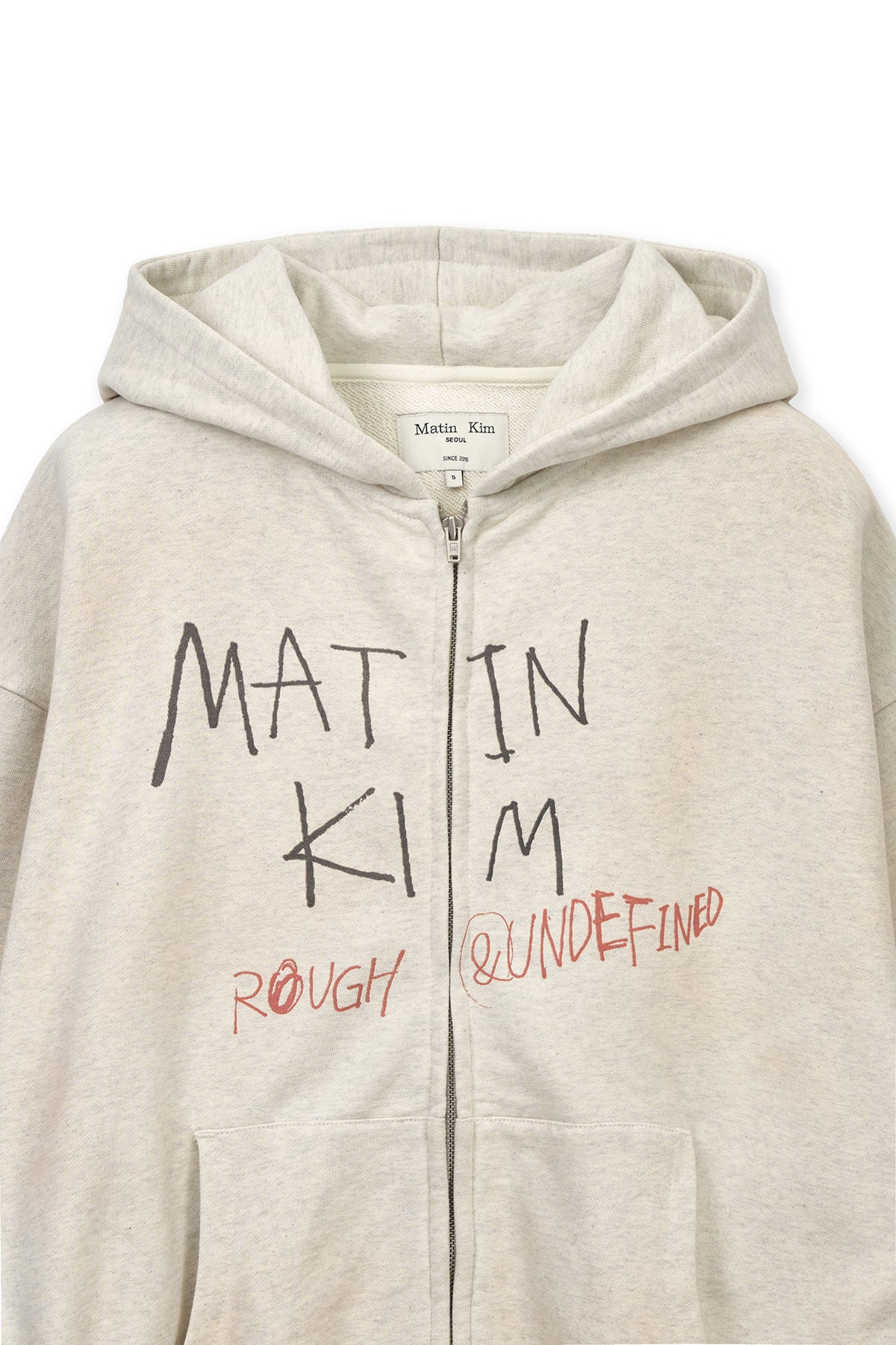 Matin Kim Vintage Washed Graffiti Hoodie Zip Up in Beige, premium Korean designer fashion