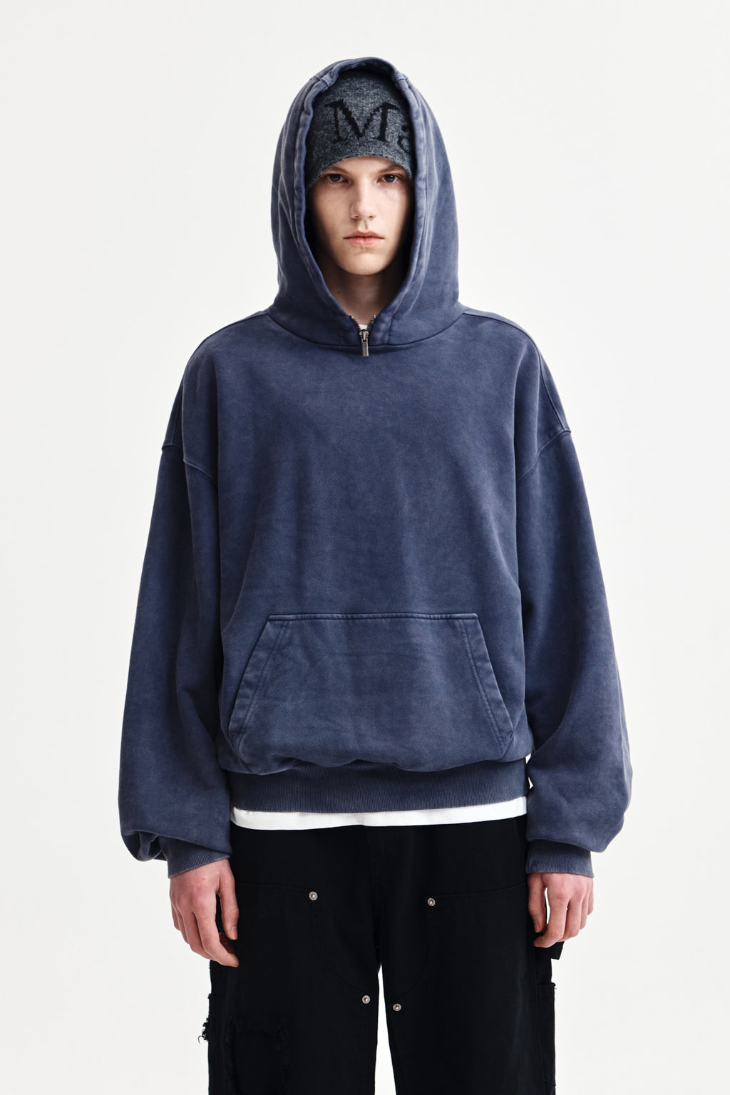 Matinkim Zipper Point Washed Hoody For Men IN Navy