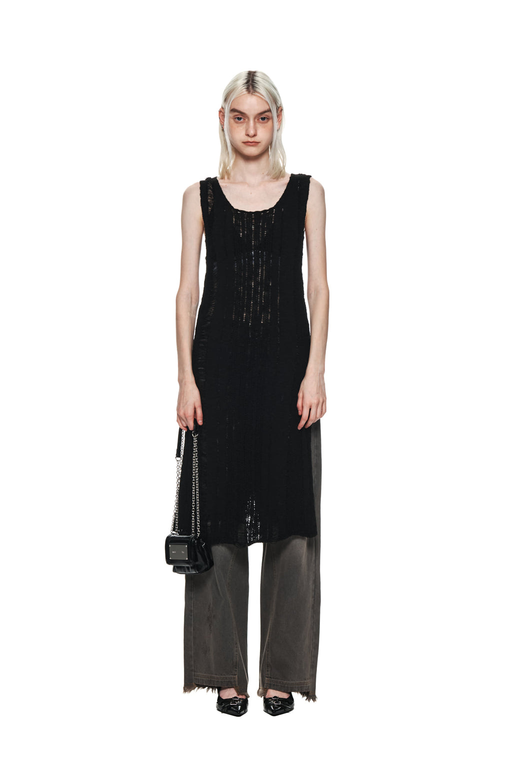 [matinkim] STRIPE CHUNKY KNIT DRESS IN BLACK