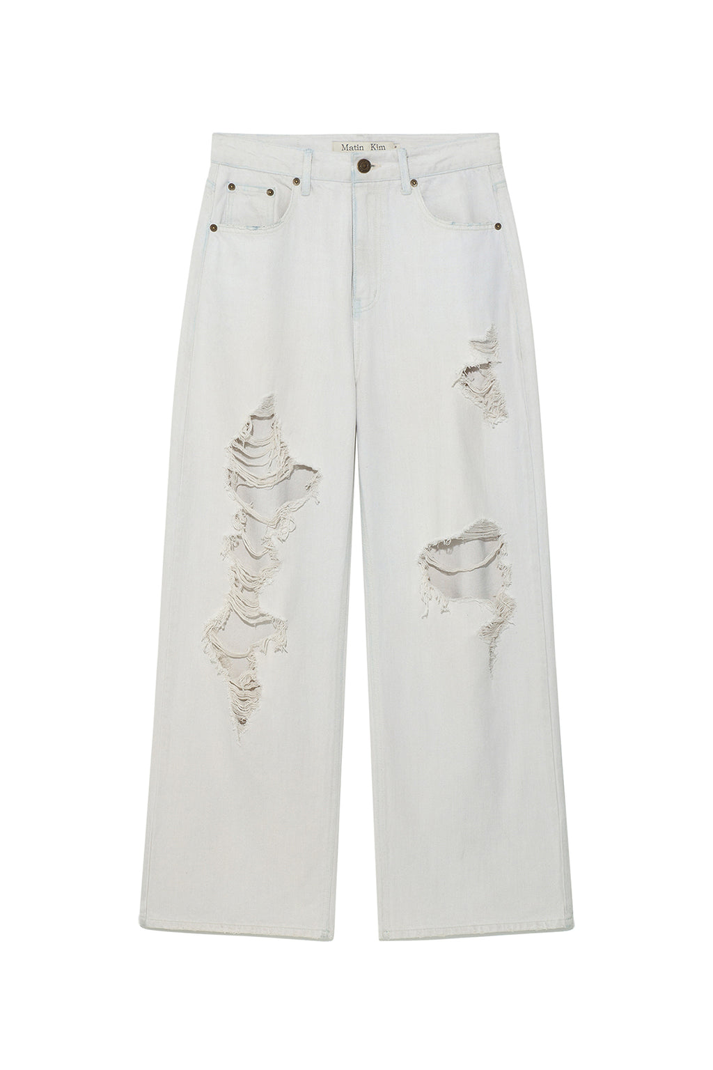 Matinkim Damage Point Washed Wide Denim Pants IN Light Grey