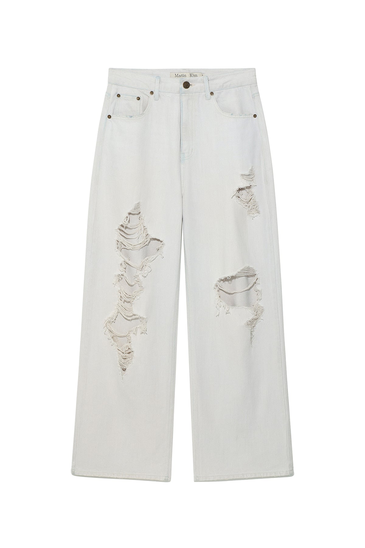 Matinkim Damage Point Washed Wide Denim Pants IN Light Grey