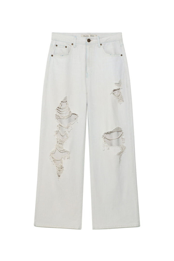 Matinkim Damage Point Washed Wide Denim Pants IN Light Grey