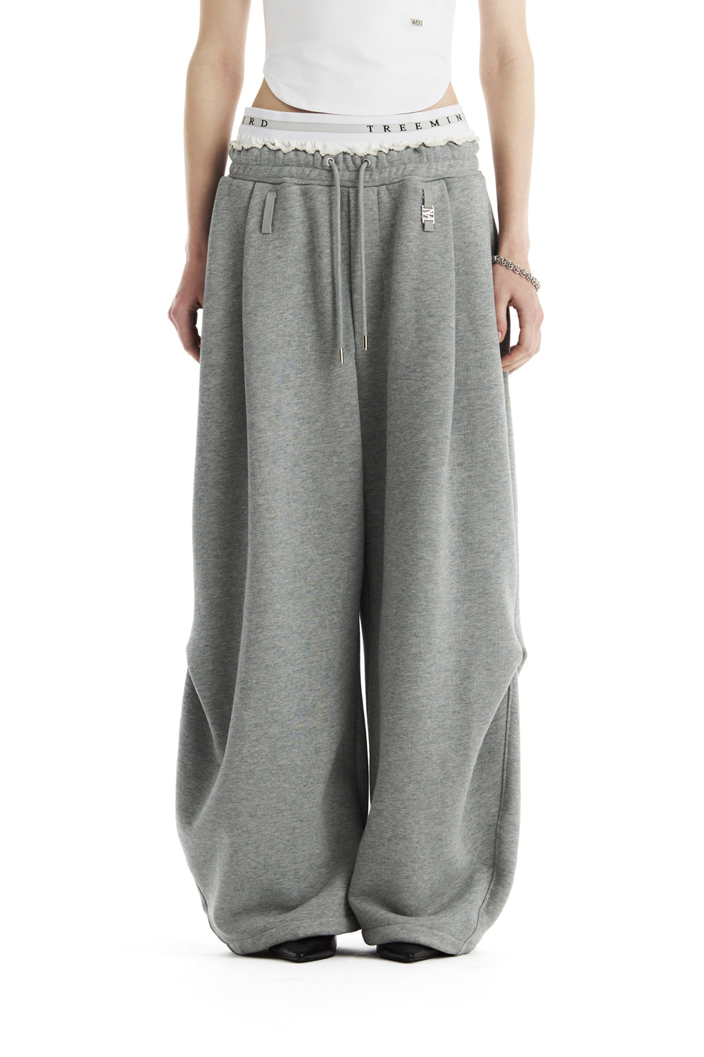 Treemingbird Double Waist Sagging Sweat Pants Melange Gray