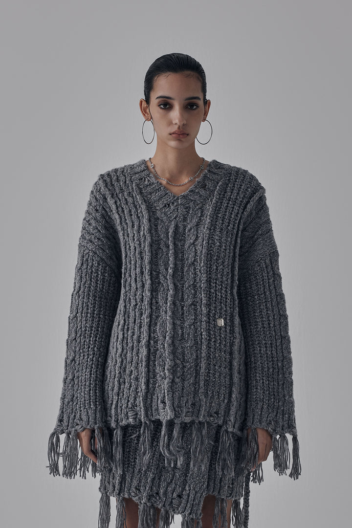 Treemingbird Wool Damage Tassel Knit Set-Up Pullover Gray