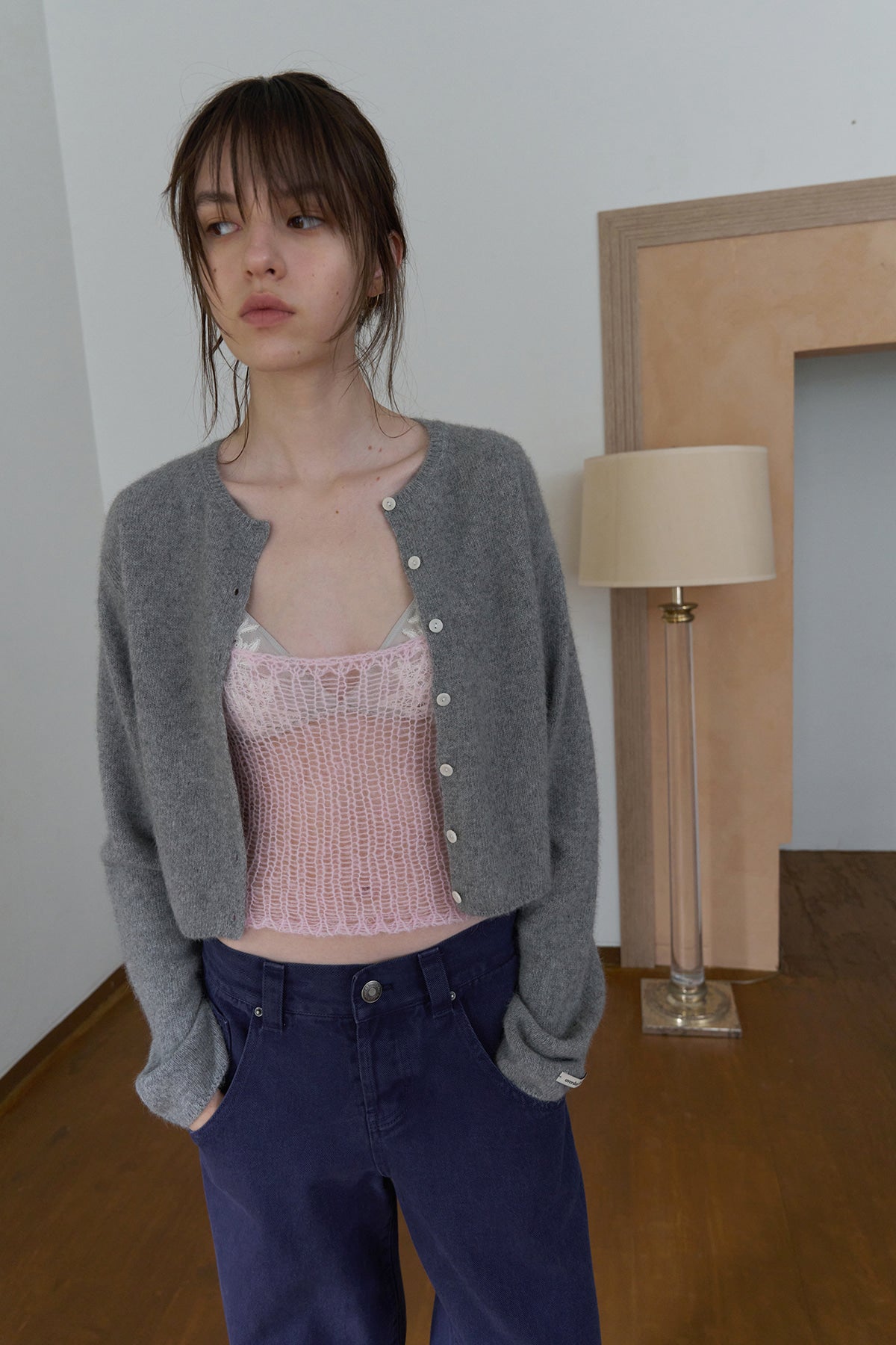Overdueflair Raccoon Semi-Crop Cardigan Melange Grey