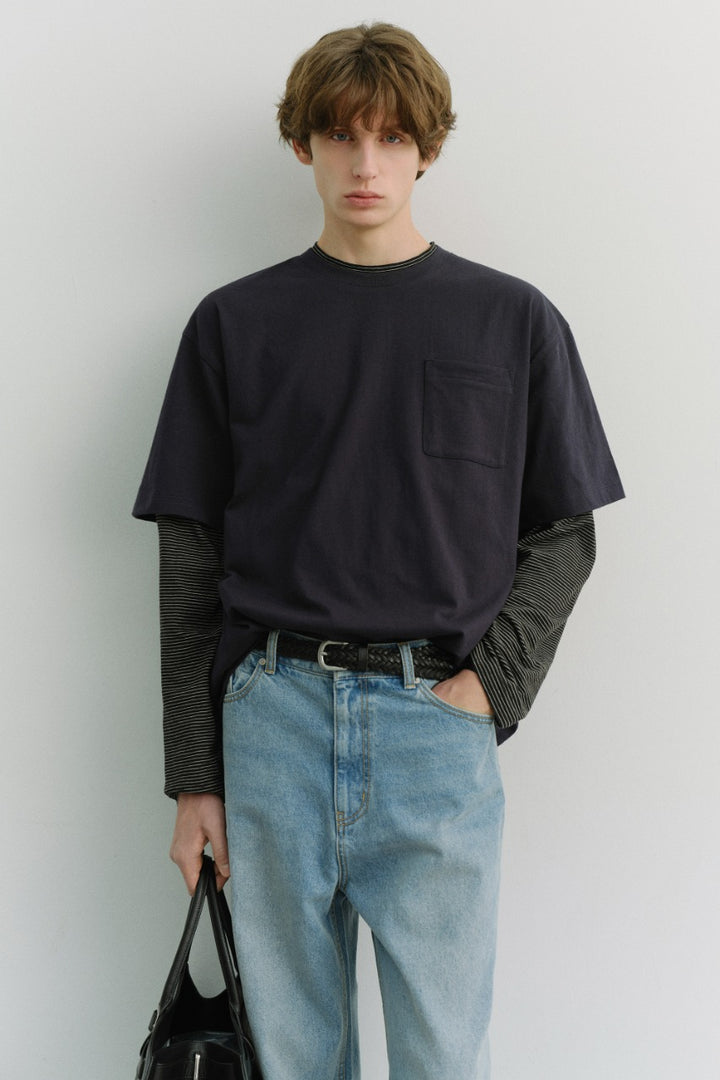Dunst Unisex Layered Set-Up T-Shirt Navy Black Stripe