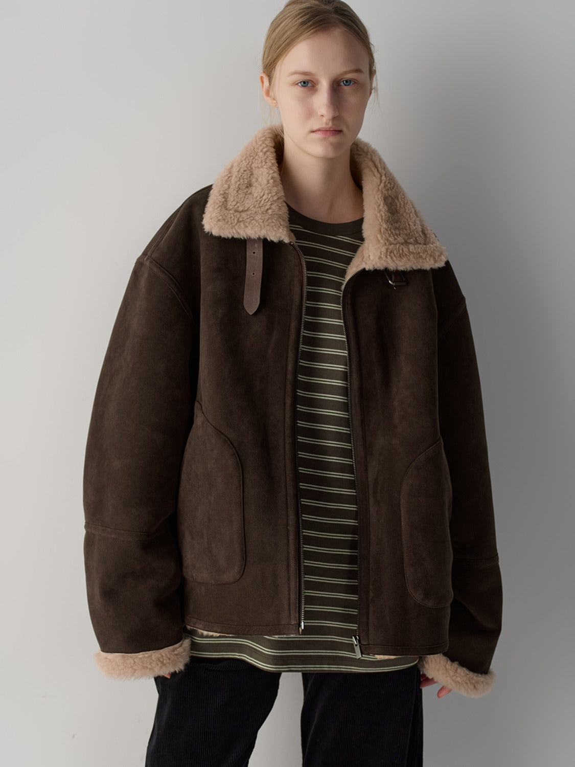 Facade Pattern Lambswool Suede Shearling Jacket brown