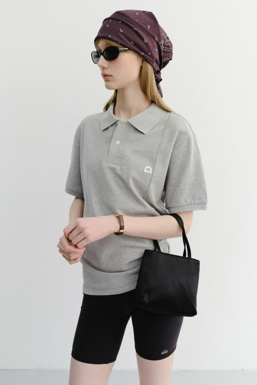 Dunst Unisex Leather Logo Polo Shirt Melange Grey