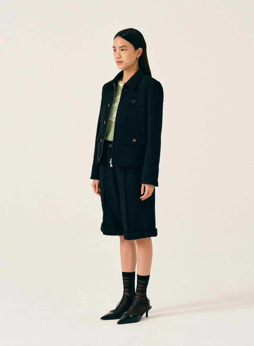 [satur] (W) Aachen Wool Blend Collar Tweed Jacket - Resort Black