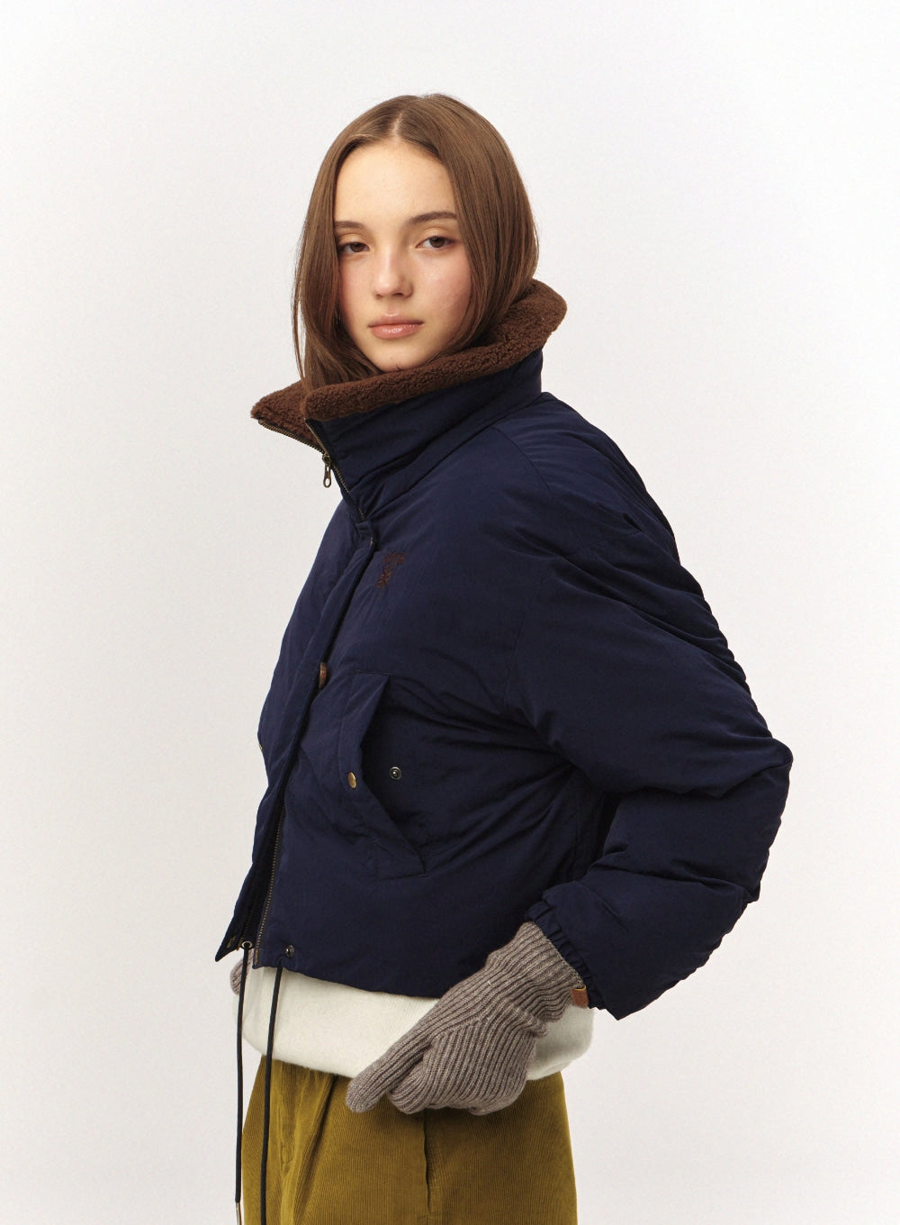 Satur (W) Wide Collar Crop Padding Jacket - Navy