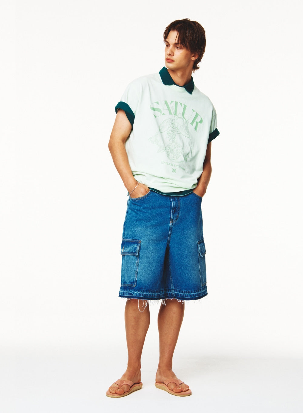 [satur] Cargo Bermuda Denim Shorts - Blue
