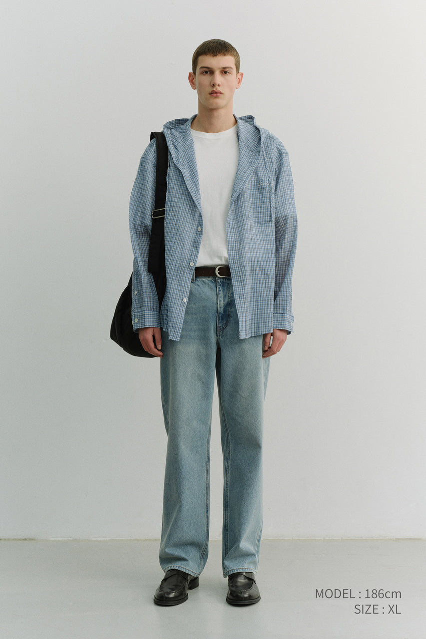 Dunst Unisex Classic Hooded Shirt Soft Blue Check