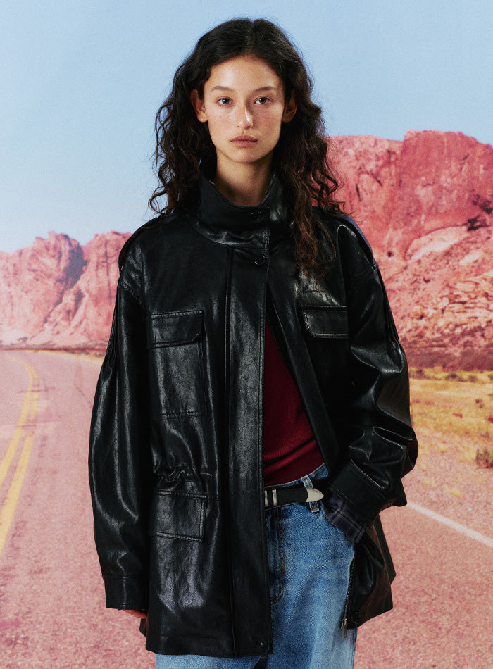 Mango Maniplease Evino Leather Jacket Black